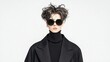 © Melon - Stylish model wearing sunglasses and a black outfit, exuding modern fashion and confidence in a studio setting.