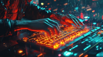 Futuristic programmer typing on glowing keyboard in a neon-lit cityscape environment