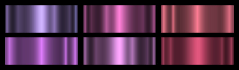 A set of six purple and terracotta gradients on a white background. Metallic texture, shiny background. Vector EPS 10.