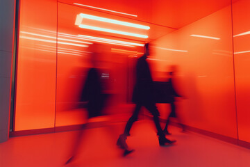 blurry image of people walking in a red hallway. The people are walking in a line, and the hallway is lit up with red lights. Scene is energetic and lively, as the people seem to be moving quickly