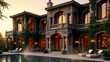 © Alexandre - Opulent villa bathed in golden sunlight, featuring a sparkling pool, lush greenery, and elegant architecture. A dreamy estate.