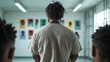 © Novcicrelax - A man with dreadlocks stands in a creative space, facing a gallery wall filled with photographs, conveying a sense of introspection and connection to a community.