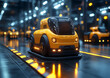 © Maya Crafta - Futuristic Yellow Delivery Vehicle Moving Through Automated Factory Floor with Robotic Autonomous Car and Conveyor System in Industry Warehouse