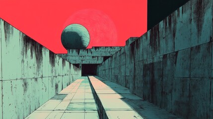 Sticker - Surreal architectural scene with sphere and corridor against red sky