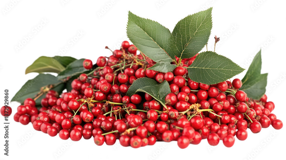 
Pile of fresh red berries with green leaves, png
