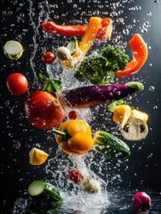Aufkleber - Colorful splash of fresh fruits and vegetables flying in water droplets with vibrant hues and dynamic movement captured in kitchen setting