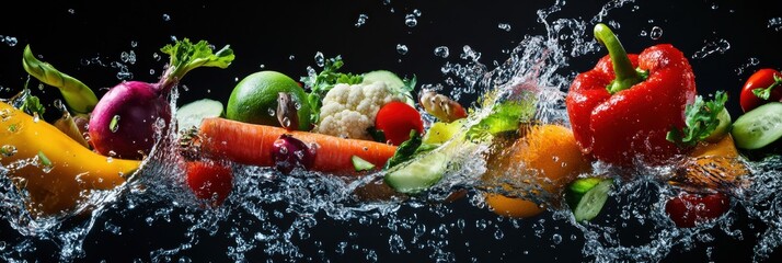 Aufkleber - Colorful splash of fresh vegetables and fruits with water droplets capturing a moment of culinary excitement and vibrancy