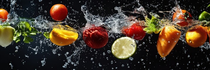 Aufkleber - Dynamic splash of fresh vegetables and fruits with vibrant colors and suspended water droplets in a culinary delight