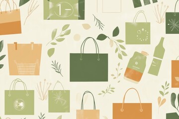 Leinwandbilder - Modern background showcasing reusable grocery bags and sustainable packaging in green and beige tones for eco-friendly themes Generative AI