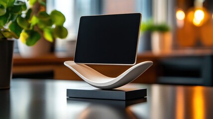 A modern cardholder displayed on a polished steel desk with futuristic lighting