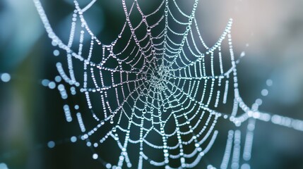 Spiderweb covered in dew drops against a blurred background.