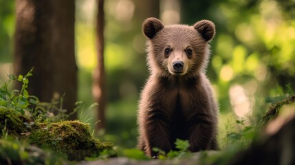 Wall Mural - brown bear cub sitting in the forest