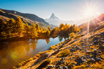 Fototapete - Breathtaking view of the Matterhorn spire on Lake Grindjisee. Location place Swiss alp, Cervino peak, Switzerland, Europe.
