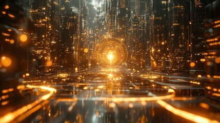 Futuristic city hallway with glowing portal.  A digital, glowing, orange-gold city corridor leads to a brilliant portal.  Intricate, reflective structures line the pathway