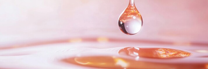 Poster - Close-up of glowing skincare serum drop applied to smooth skin in luxurious soft light showcasing dewy texture and high detail