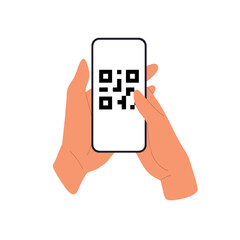 Wall Mural - qr code scan with smartphone, hand holding mobile device reading black square symbol. modern barcode