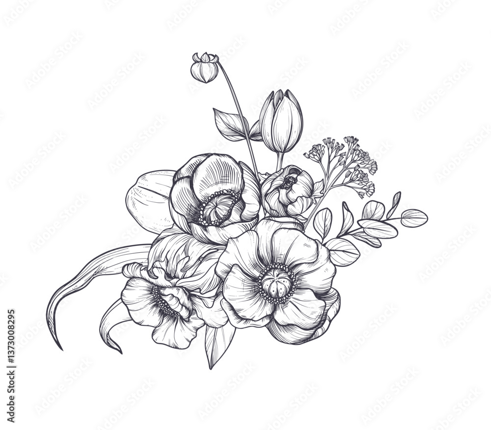 Vector composition of spring flowers, leaves and branches. Different ...