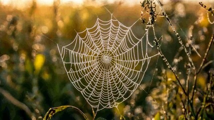 Spiderweb covered in dew drops hangs in a field at