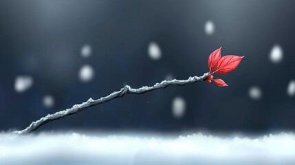 Wall Mural -  Red bloom atop branch in snowfield with surrounding flakes