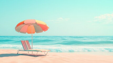 Poster - Colorful beach with striped sun lounger and bright umbrella overlooking ocean waves on a tropical vacation day