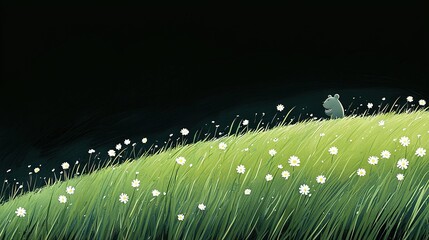 Wall Mural -   A painting depicts a verdant hill dotted with blossoms, while an enigmatic figure looms behind
