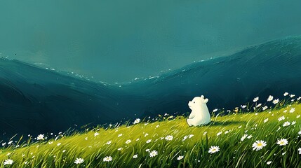 Wall Mural - white bear in daisy field with mountain backdrop