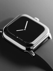 Poster - Close-up view of a sleek modern smartwatch featuring a minimalist monochrome watch face on a smooth surface