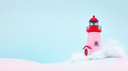 Wall Mural - red-and-white lighthouse on snowy hill with blue sky background