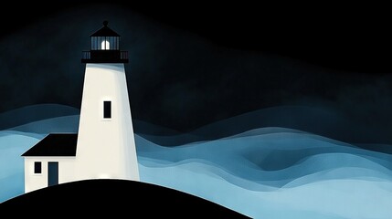 Wall Mural - lighthouse on top of hill against dark sky, with waves in foreground