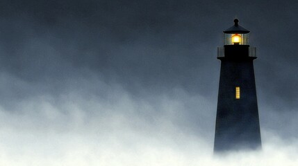 Wall Mural - a lighthouse stands tall against the darkness, illuminated by a golden light at its peak it's situat