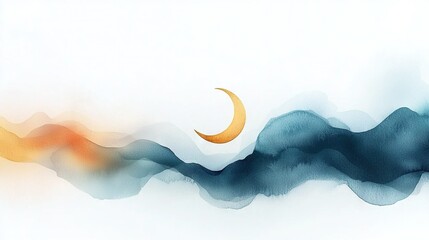 Wall Mural - a half-moon painting of a mountain at night, surrounded by clouds and mountains