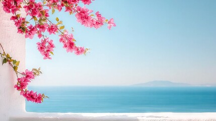 Wall Mural - a white wall adorned with pink blossoms, set against a backdrop of azure seascape, boasting a cerule