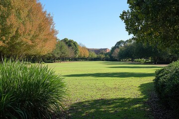 a large green lawn surrounded by trees under a clear blue sky