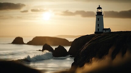 Wall Mural - a lighthouse perched atop a cliff overlooking the ocean with waves splashing against its base