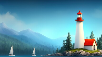 Wall Mural - a lighthouse painting on a lake with sailboats and mountains in the background