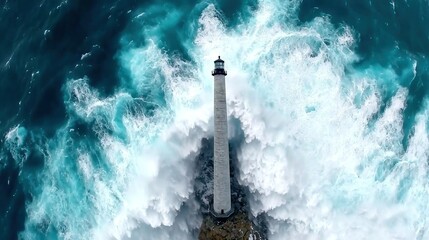 Wall Mural - an aerial shot of a lighthouse surrounded by a vast expanse of water with a wave crashing against it