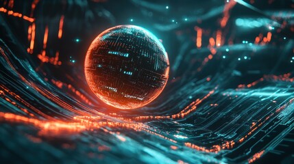 Futuristic digital landscape with glowing sphere representing advanced technology