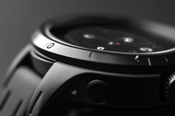 Poster - Close-up view of a sleek modern smartwatch featuring a clean monochrome watch face with smooth depth-of-field and high-tech design elements