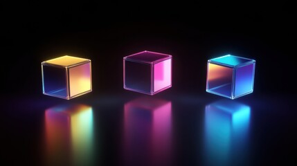 Aufkleber - Floating colorful 3D cubes create a futuristic minimalistic atmosphere with soft reflections and neon color gradients in a dynamic space
