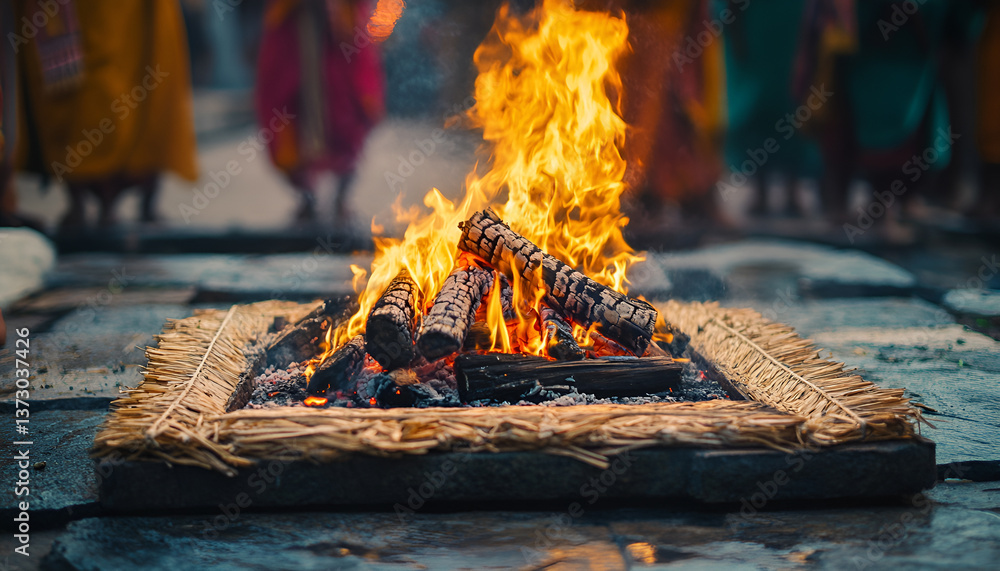 Indian people celebrating holi holika dahan ritual with bonfire ...