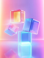 Aufkleber - Futuristic minimalistic design featuring floating colorful 3D cubes and soft reflections under neon gradients in a vibrant digital space