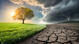 Climate change drought vs green landscape nature environment contrast concept