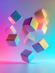 Poster - Futuristic background featuring floating colorful 3D cubes with soft reflections and neon gradients in a minimalistic design