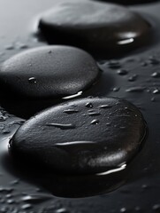 Aufkleber - Close-up of smooth black river stones on a wet reflective surface showcasing minimalist nature texture in soft lighting