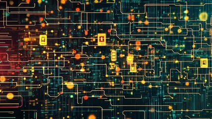 Abstract digital network with glowing nodes and connections, depicting technology and data flow in a futuristic setting