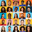 © Prostock-studio - A colorful collage showcases a diverse group of men and women, each smiling happily against bright backgrounds. Their varied features reflect a rich tapestry of cultural backgrounds.