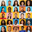 © Prostock-studio - A vibrant collage showcases a diverse group of smiling individuals, featuring men and women of various backgrounds. Each face radiates happiness against colorful backdrops.