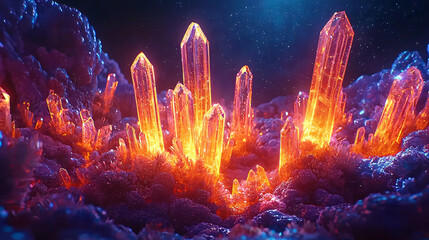 Wall Mural - mesmerizing crystals glowing mysteriously in the dark with a radiant spotlight effect in a fantasy w