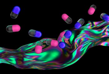 Poster - Dynamic 3D illustration with pink and blue capsules floating above an iridescent, fluid wave, set against a dark background, creating a surreal and futuristic vibe.