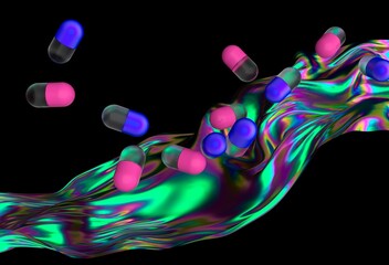 Poster - Dynamic 3D illustration with pink and blue capsules floating above an iridescent, fluid wave, set against a dark background, creating a surreal and futuristic vibe.
